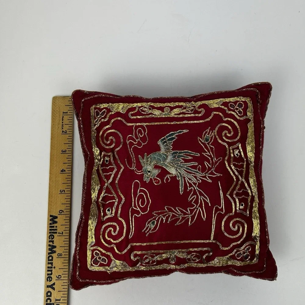 Vintage Red Silk Embroidered Chinese Phoenix Decorative Pillow Gold Thread Asian